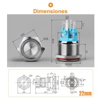 Pulsador 22mm 7A Metálico con Anillo Indicador de Luz LED 250V Colores