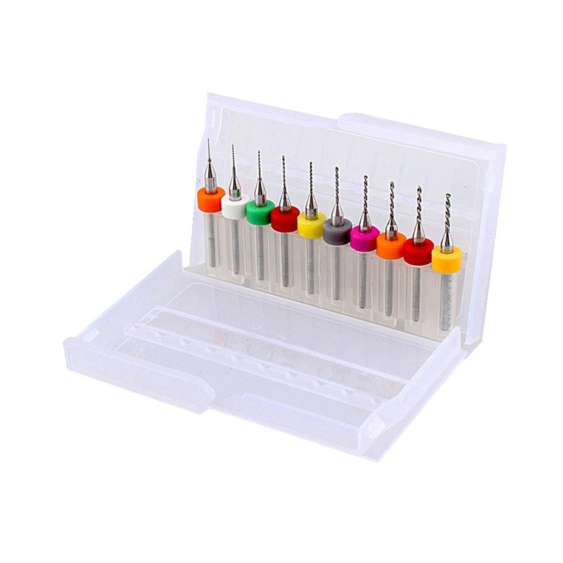 Caja Set de 10 Brocas para PCB Medidas 0.6 a 1.5mm Vástago 3.175mm 1/8'