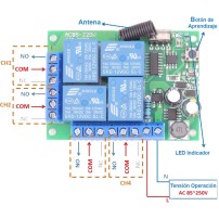 Módulo RF de 4 Relés 4CH con Control Remoto Alimentación 85 - 250VAC