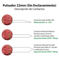 Pulsador 22mm 250V 5A Metálico con Anillo Indicador de Luz LED 9-24V Colores