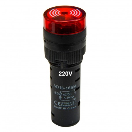 Luz Piloto LED Parpadeante con Alarma Panel 16mm AD16-16SM Colores 220V